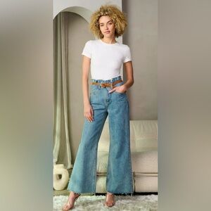 Signature 8 High Waisted Belted Denim Flare Jeans in Blue NWT